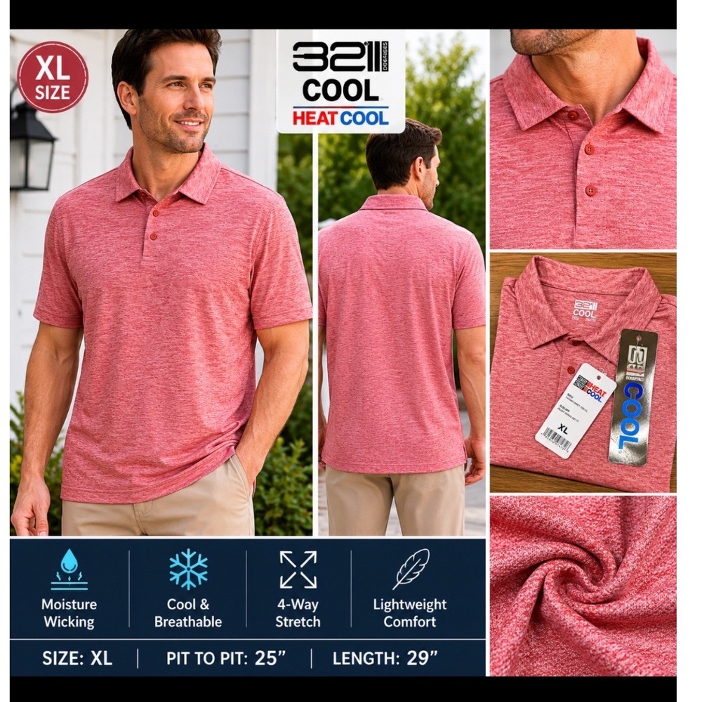 32 Degrees Cool‎ NEW Mens XL Polo Shirt Rust Orange Space Dye Moisture Wicking